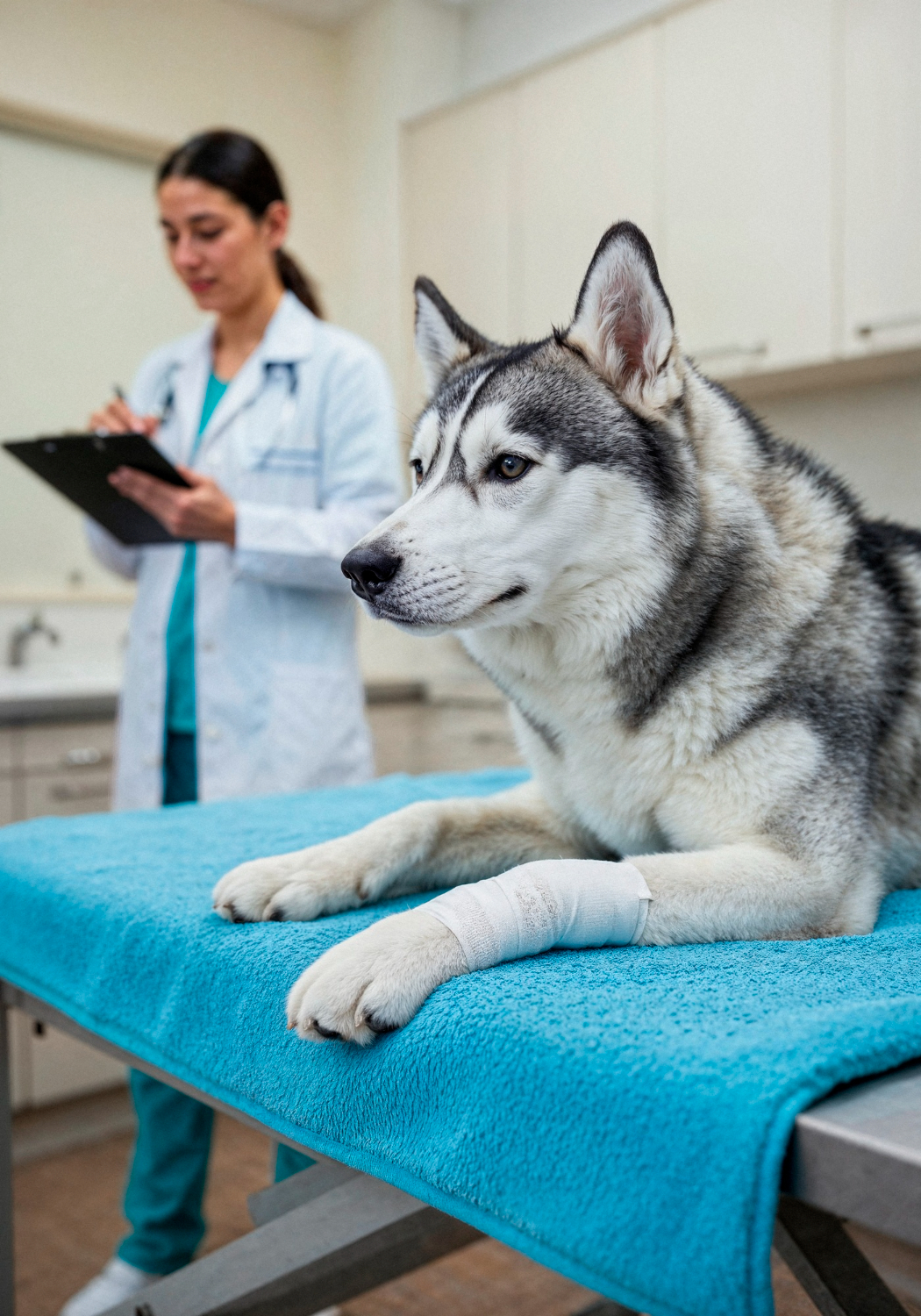 Dog with bandaged paw at the veterinarian