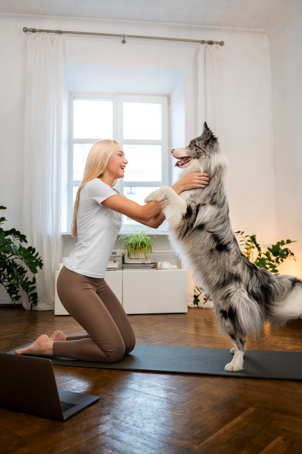 Person doing yoga accompanied by her pet