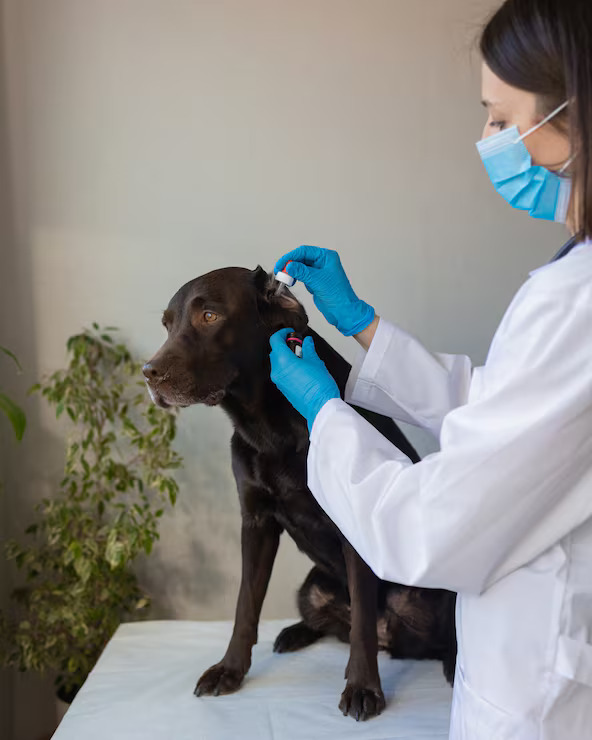 Veterinarian applying ear medication to a dog