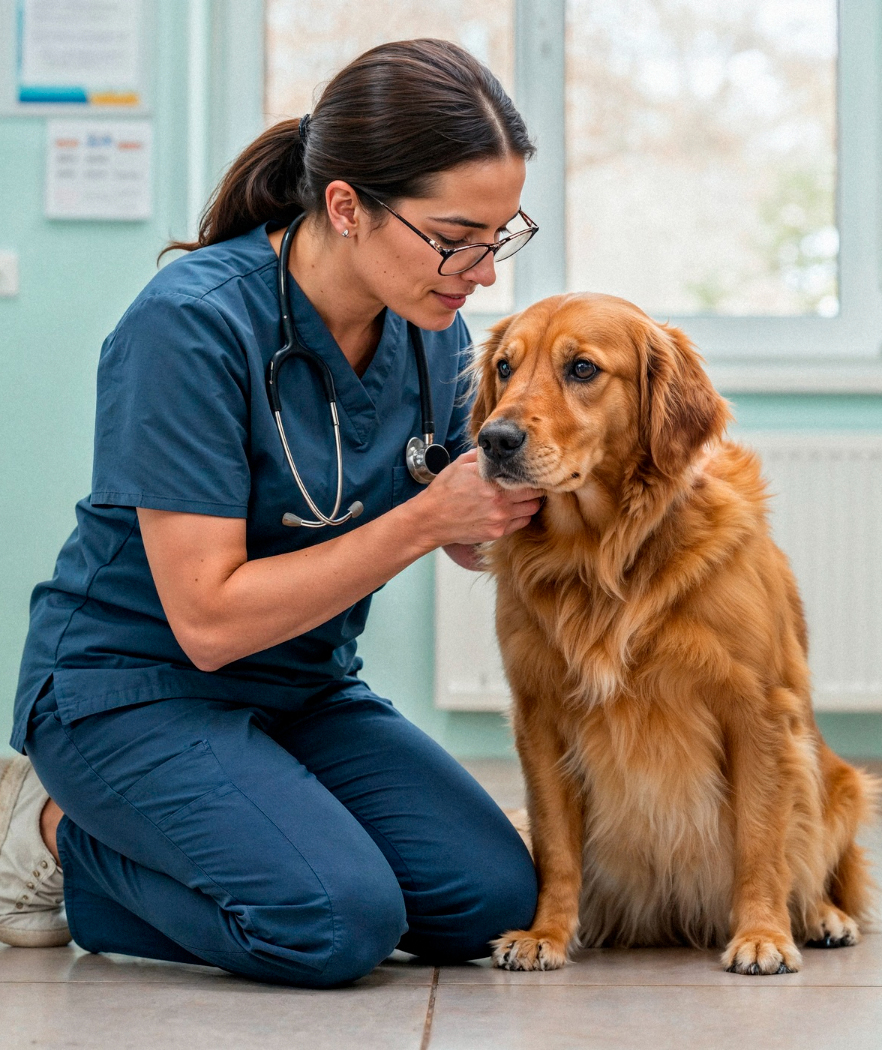 Veterinarian examining a golden retriever dog in a clinic