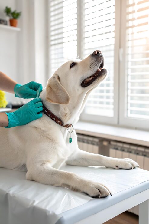 a dog lies on a vet's table while a person