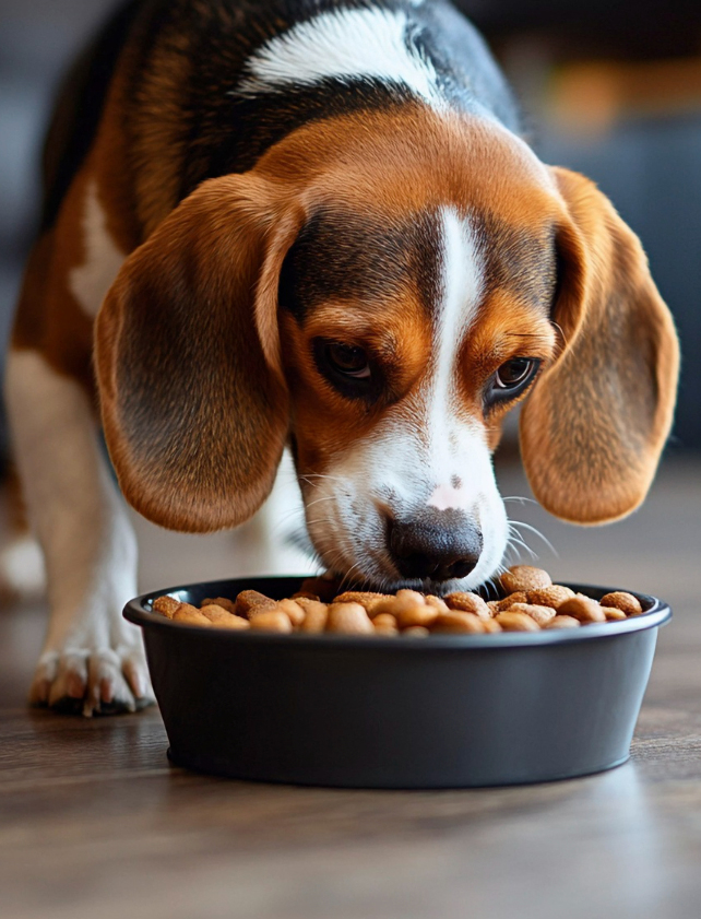beagle eating a food