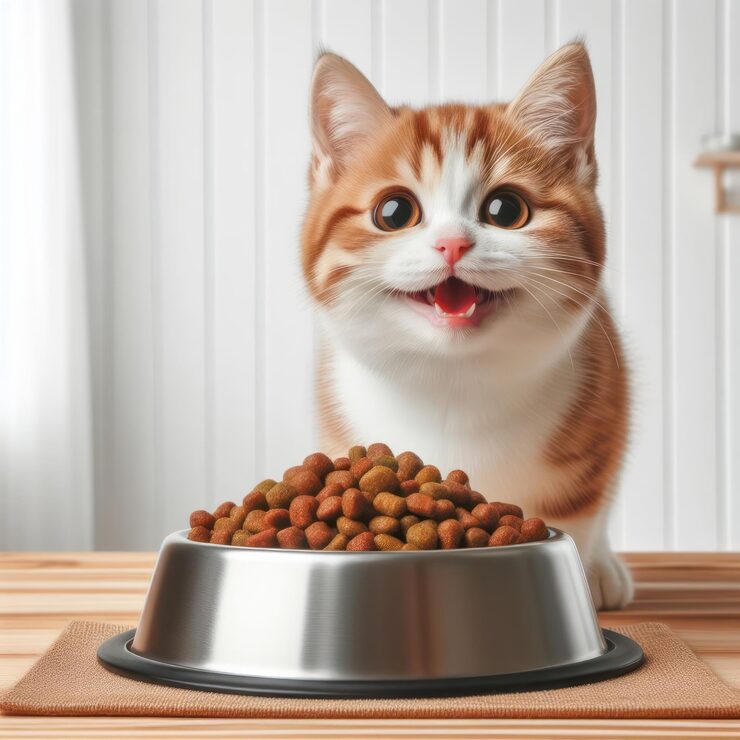 cat standing front bowl with cat food