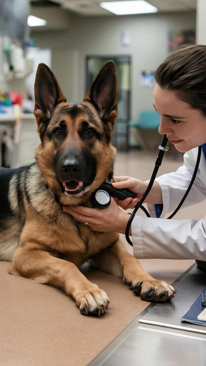 german shepherd lying vet using phonendoscope