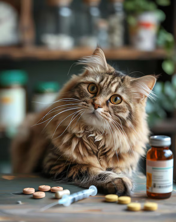 gray cat sitting with medicine