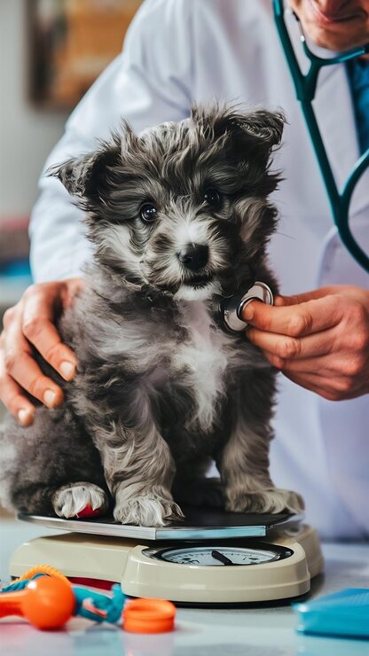 puppy sits on a scale