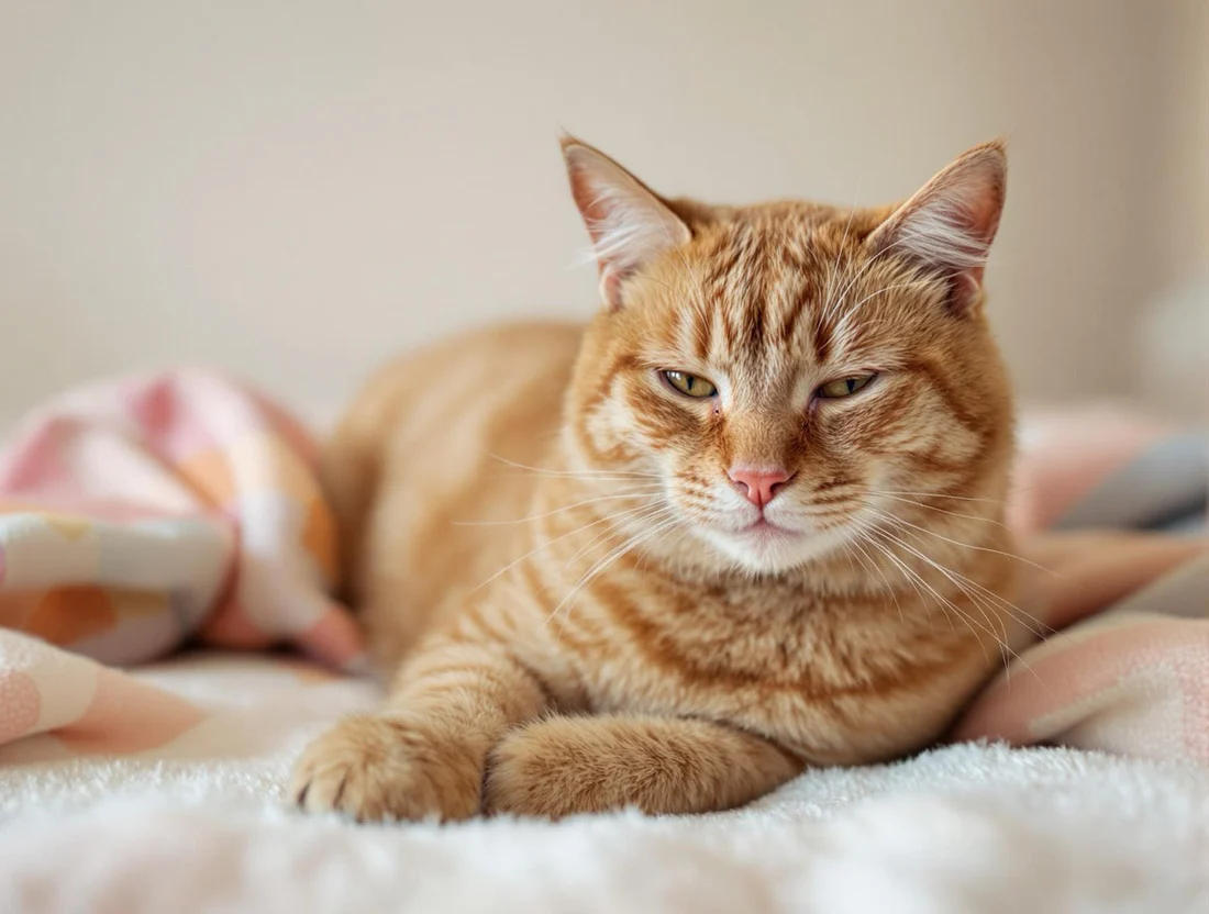 senior cat sitting on the bed