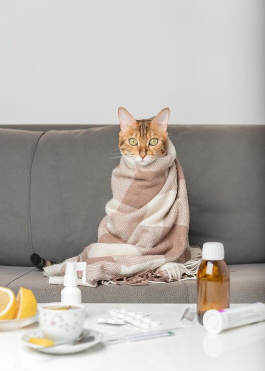 sick cat wrapped with a blanket