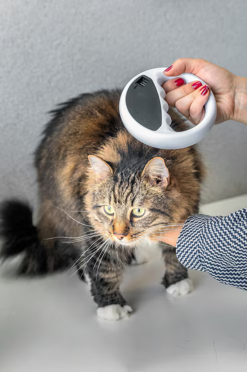 vet checks microchip cat with microchip scanner