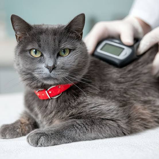 vet checks microchip gray cat with microchip machine
