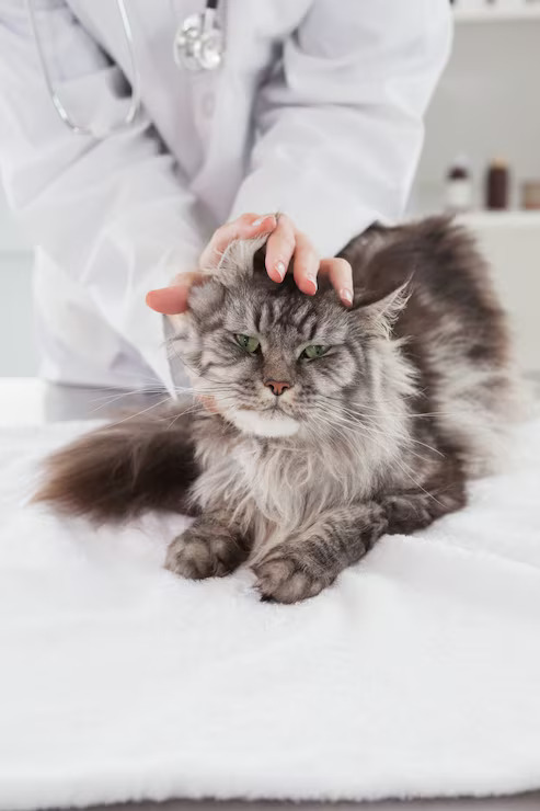 vet examinig a gray cat