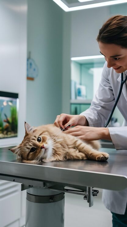 vet examining a cat