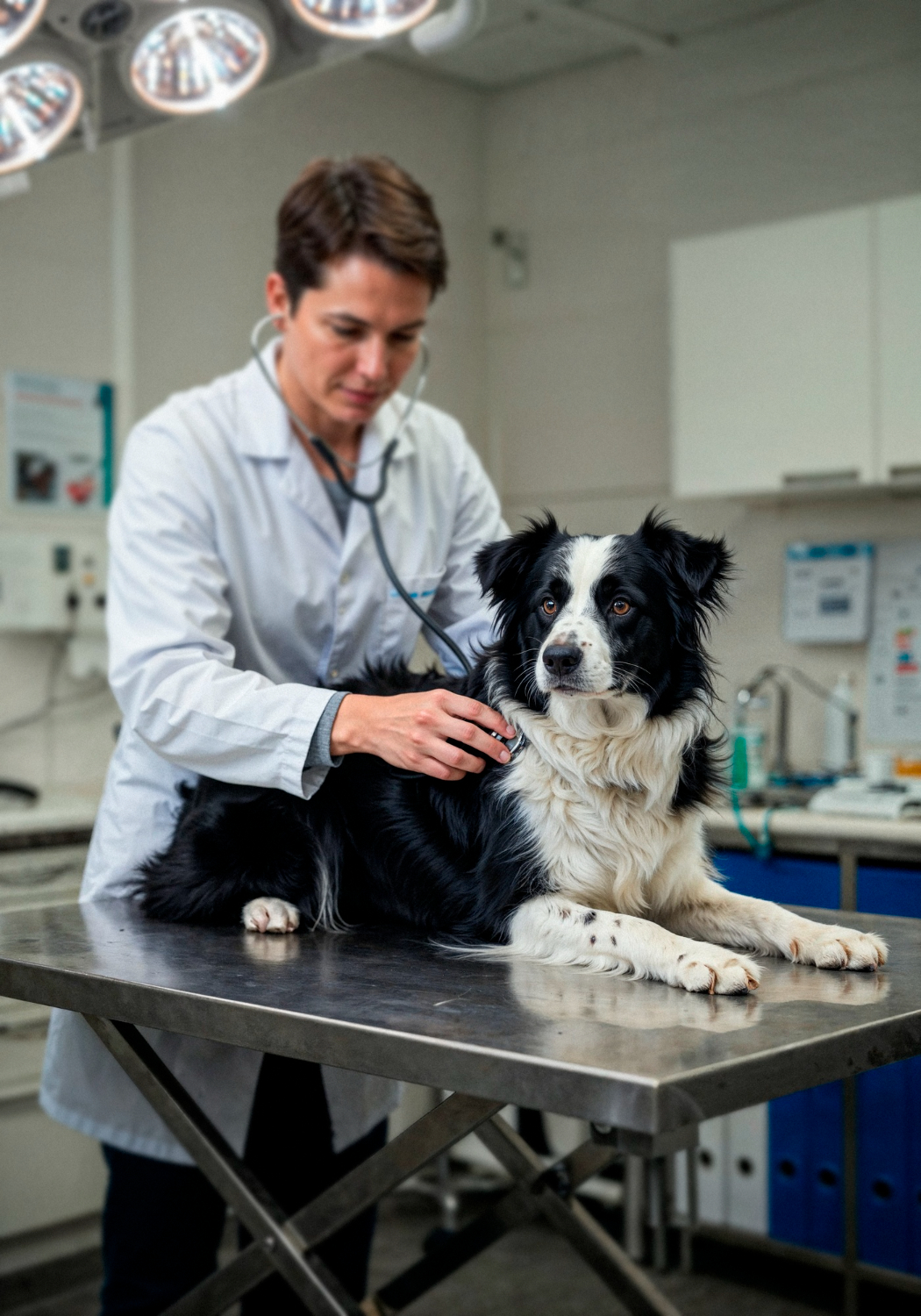 vet examining a dog with a stethoscope