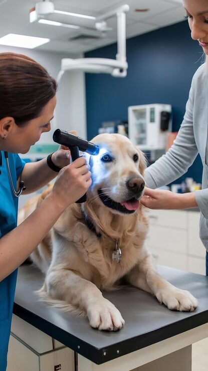 vet examining eye dog with otoscope