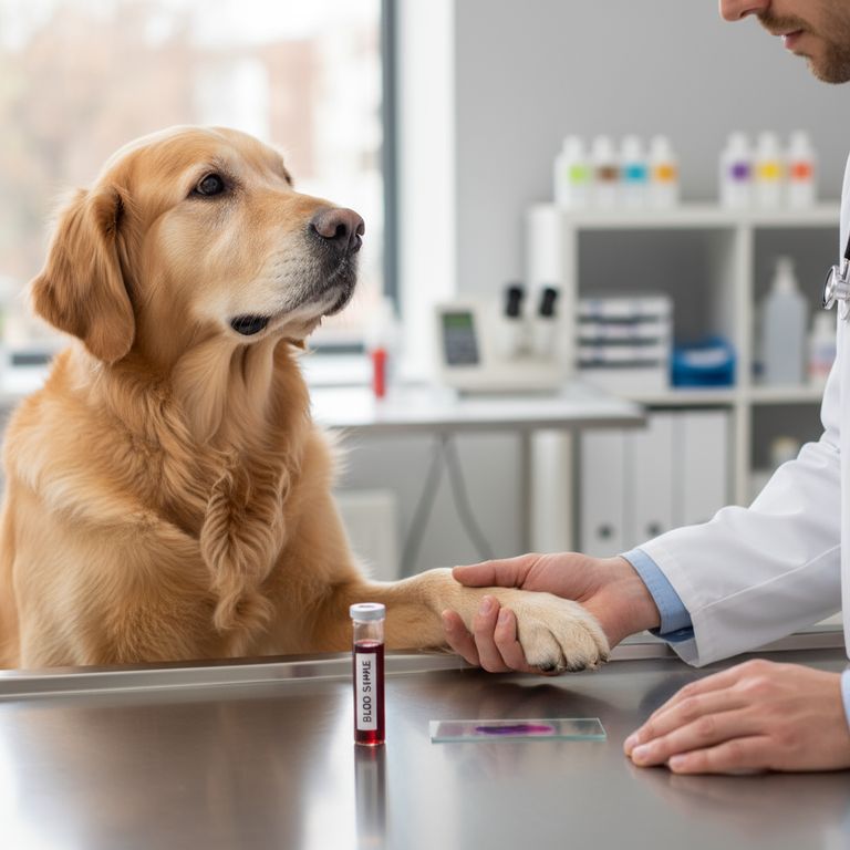 vet holding a dog paw during a blood test