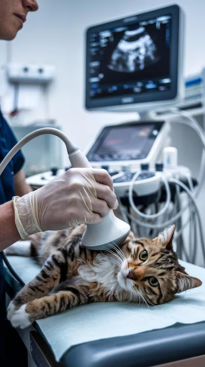 veterinarian conducts ultrasound examination cat