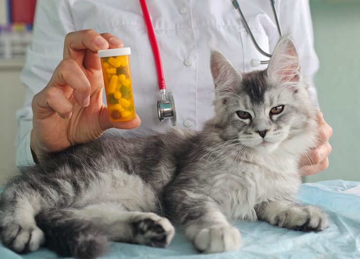veterinarian holds medicine with a cat