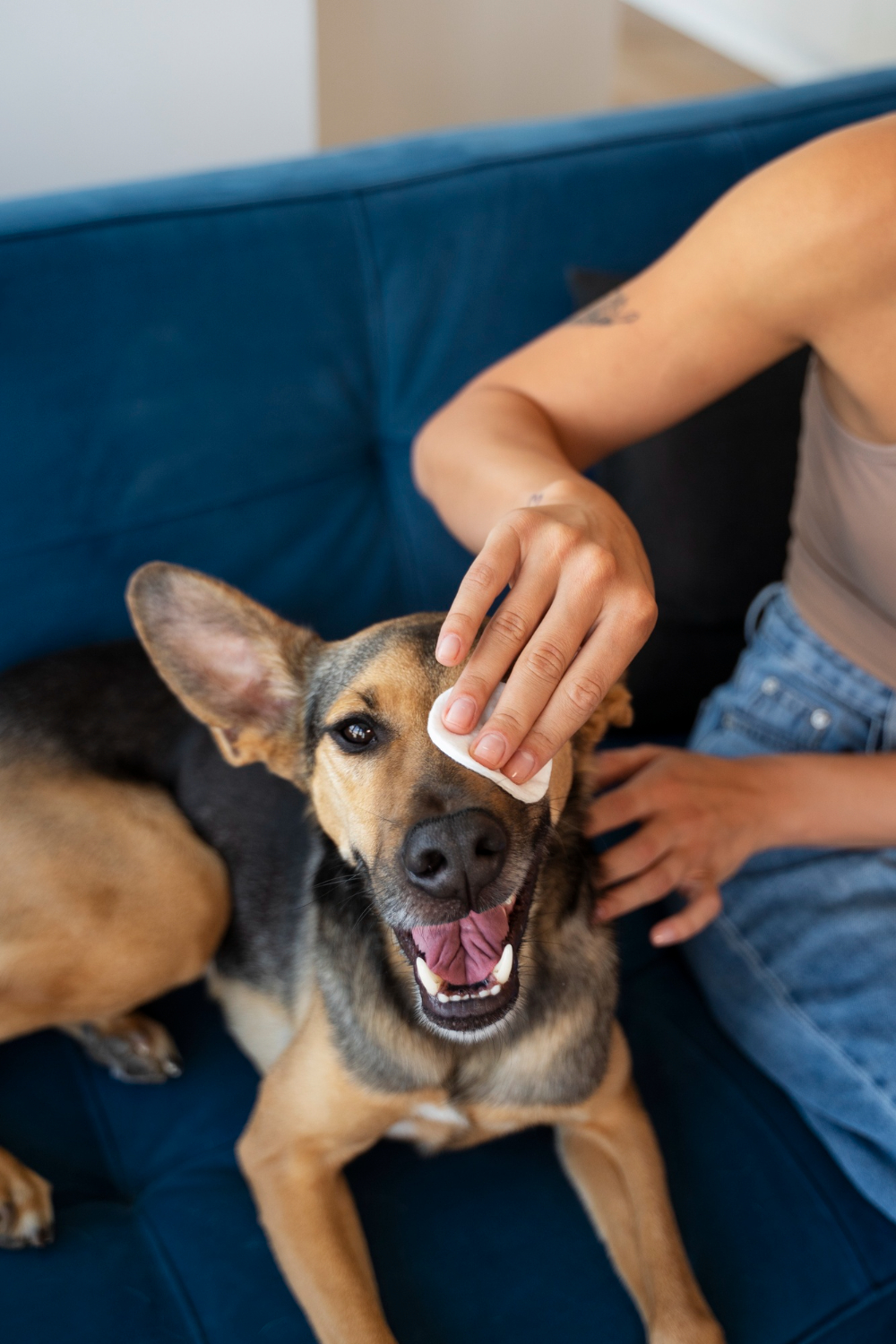woman cleaning eye dog