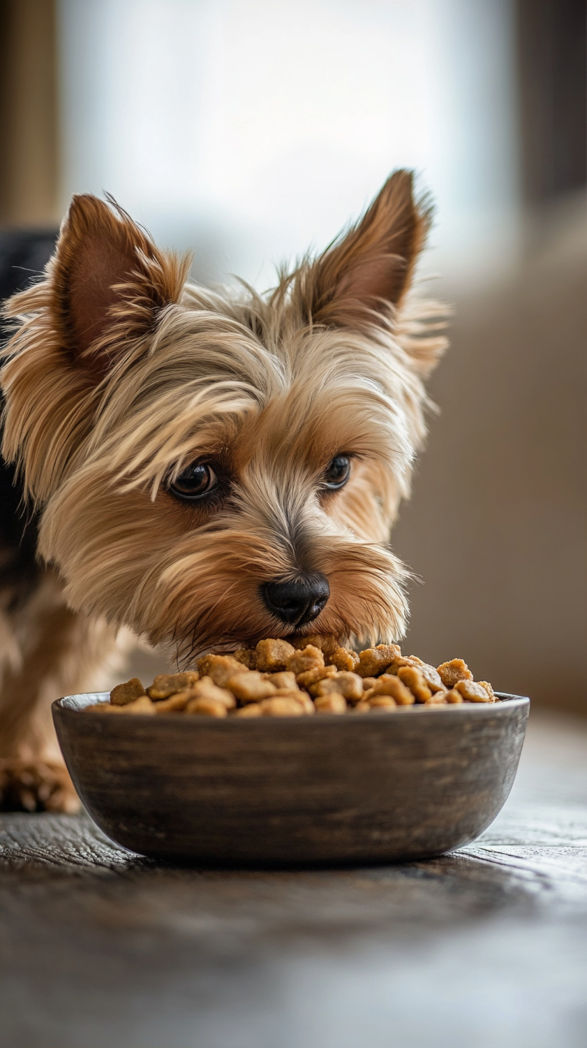 yorkshire dog earing a food