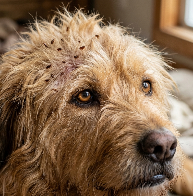 fleas on a dog head