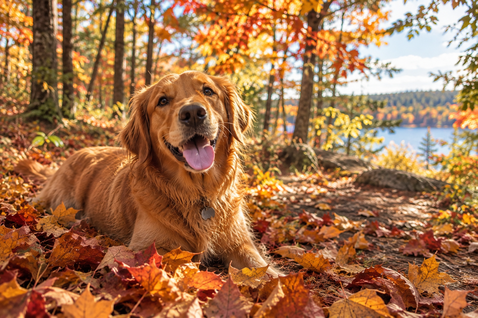 A happy golden retriever lies among colorful autumn leaves