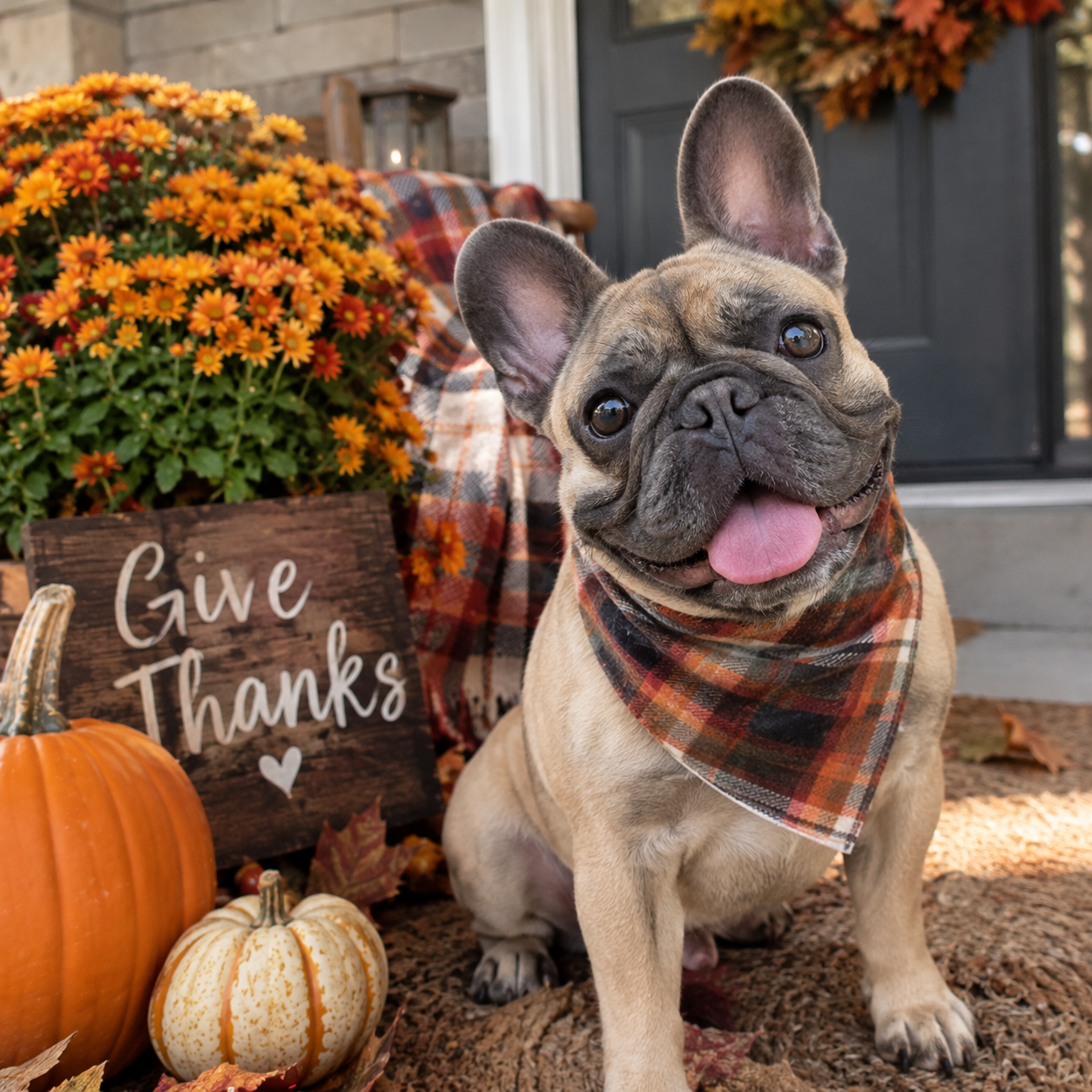 A cheerful French bulldog in a plaid scarf